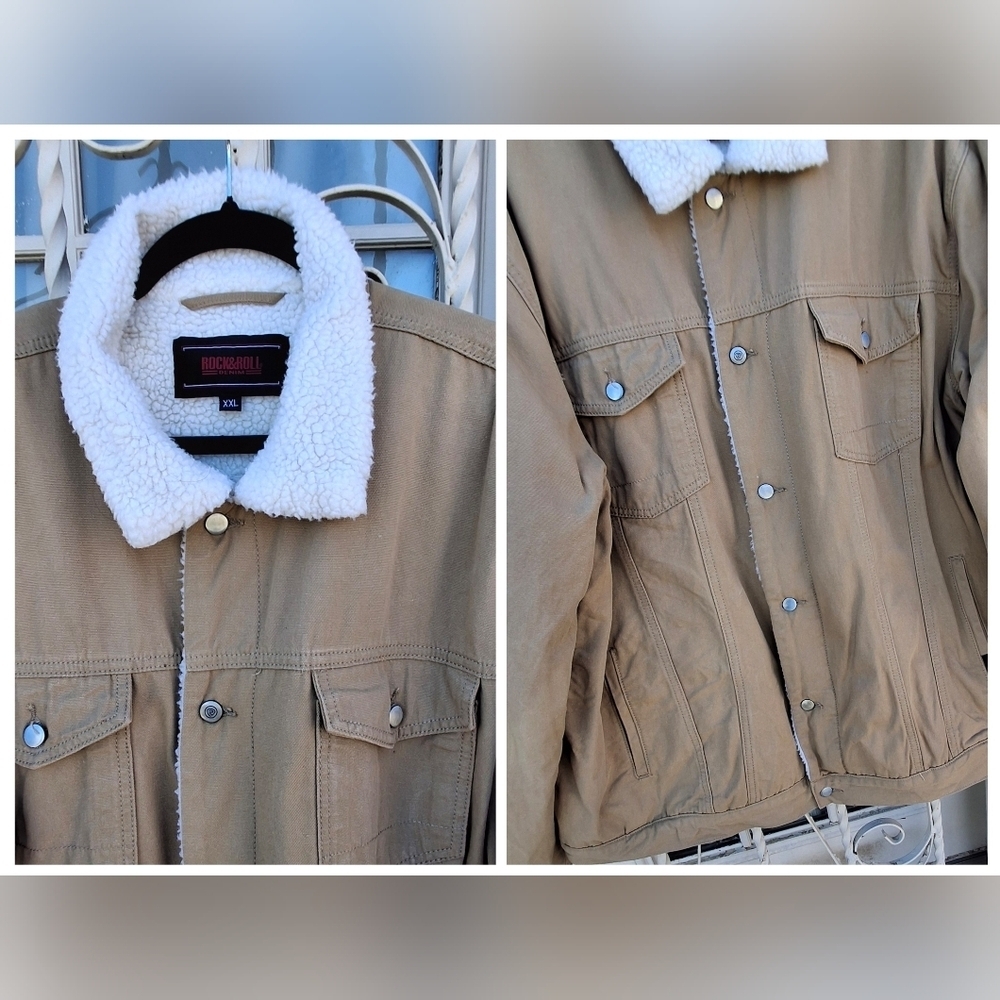 Rock & Roll Khaki Denim Sherpa Lined Trucker Jacket Men Size XXL - Picture 8 of 16